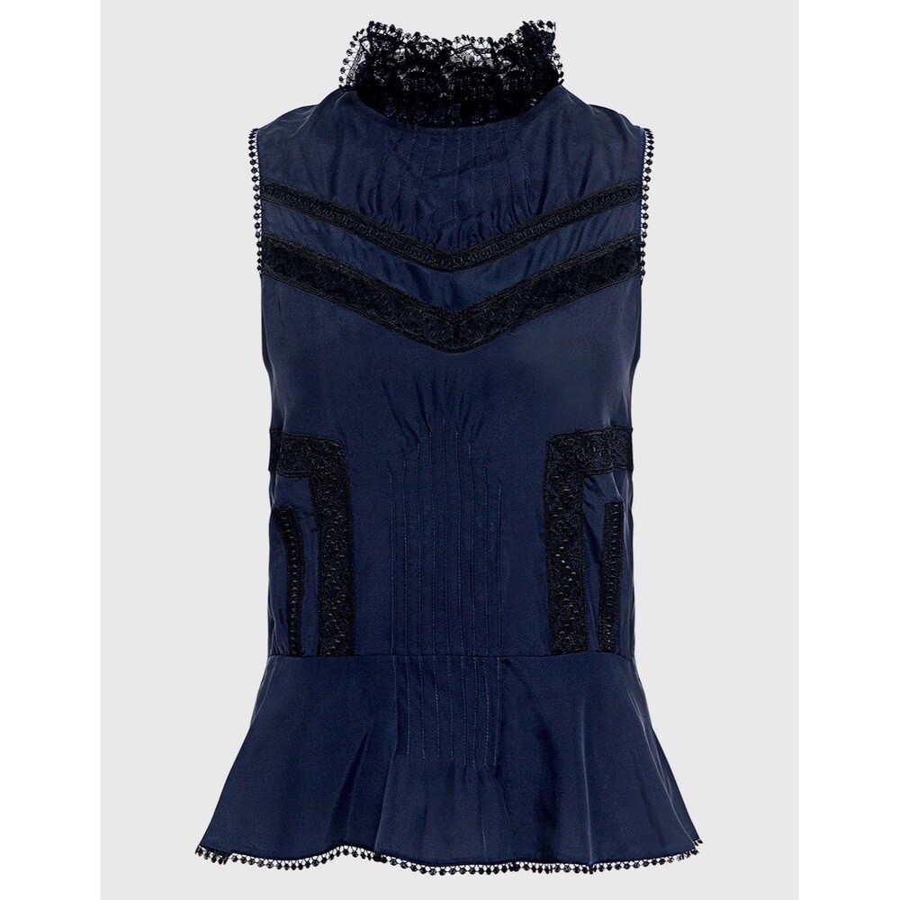 Derek Lam 10 Crosby Black Sleeveless Pintucked Silk Ruffle Top Sz 00 Lace Trim